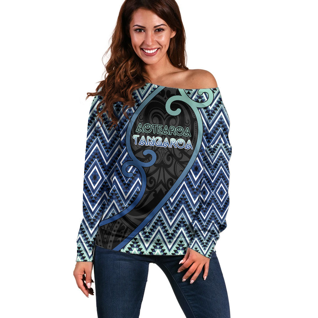 Custom Aotearoa Atua Tangaroa Off Shoulder Sweater God Of Ocean Koru Patterns