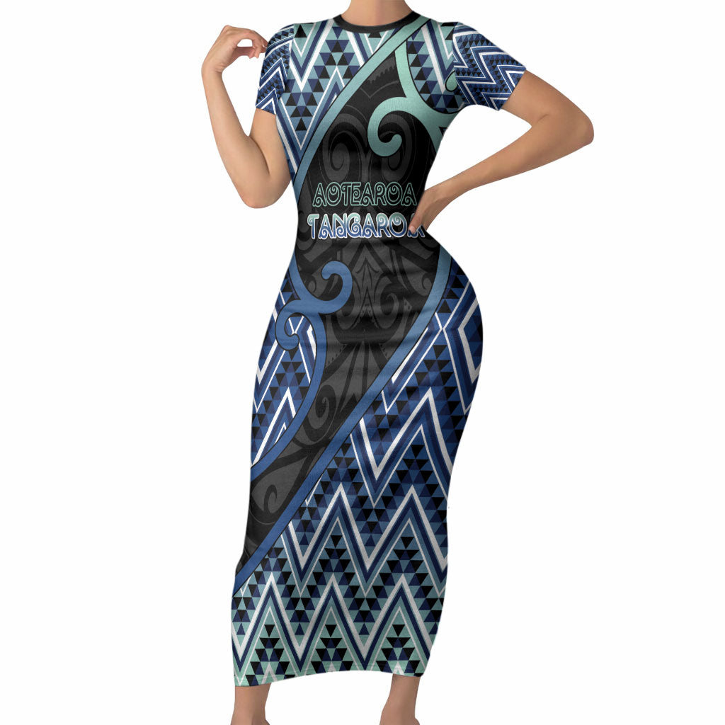 Custom Aotearoa Atua Tangaroa Short Sleeve Bodycon Dress God Of Ocean Koru Patterns
