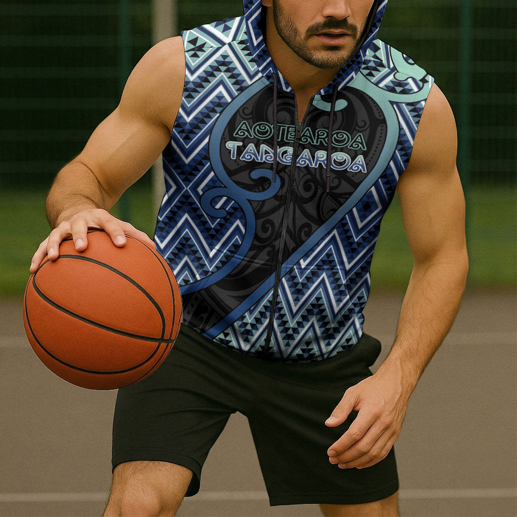Custom Aotearoa Atua Tangaroa Sleeveless Zip Hoodie God Of Ocean Koru Patterns