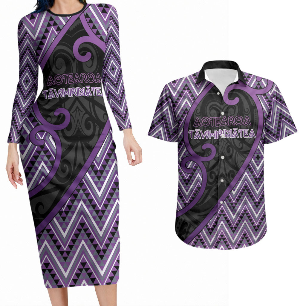 Custom Aotearoa Atua Tawhirimatea Couples Matching Long Sleeve Bodycon Dress and Hawaiian Shirt God Of Storms Koru Patterns