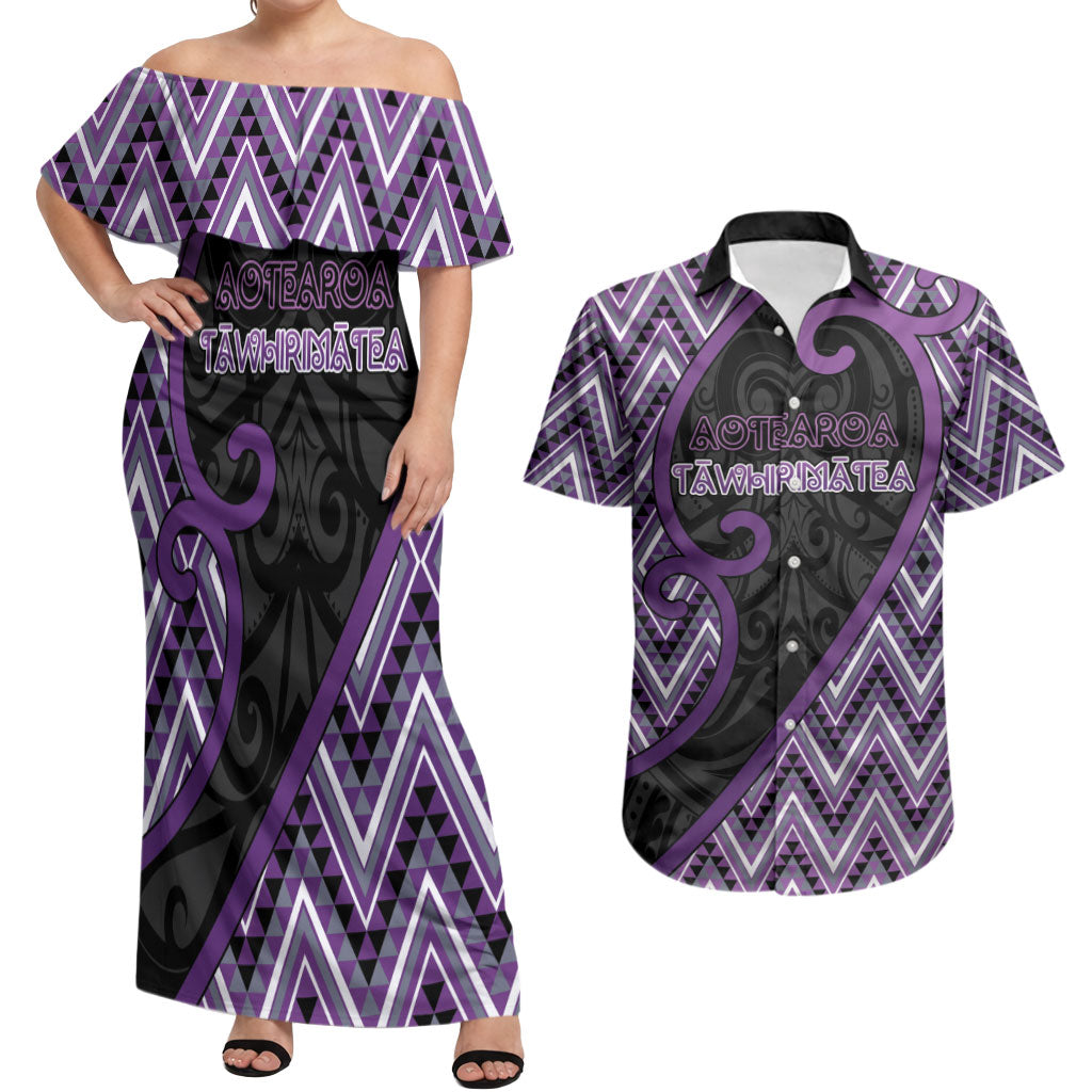Custom Aotearoa Atua Tawhirimatea Couples Matching Off Shoulder Maxi Dress and Hawaiian Shirt God Of Storms Koru Patterns