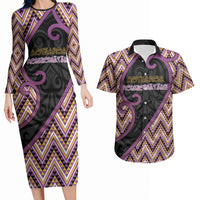 Custom Aotearoa Atua Rongomatane Couples Matching Long Sleeve Bodycon Dress and Hawaiian Shirt God Of Cultivated Foods Koru Patterns