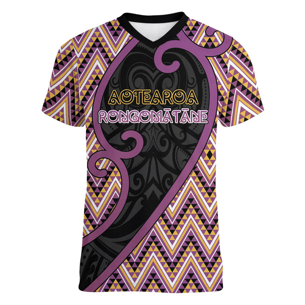 Custom Aotearoa Atua Rongomatane Women V-Neck T-Shirt God Of Cultivated Foods Koru Patterns