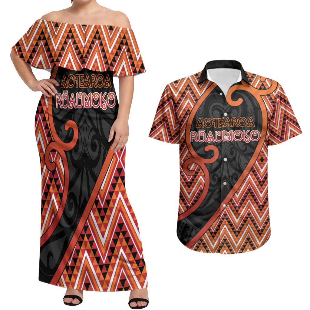 Custom Aotearoa Atua Ruaumoko Couples Matching Off Shoulder Maxi Dress and Hawaiian Shirt God Of Volcanoes Koru Patterns