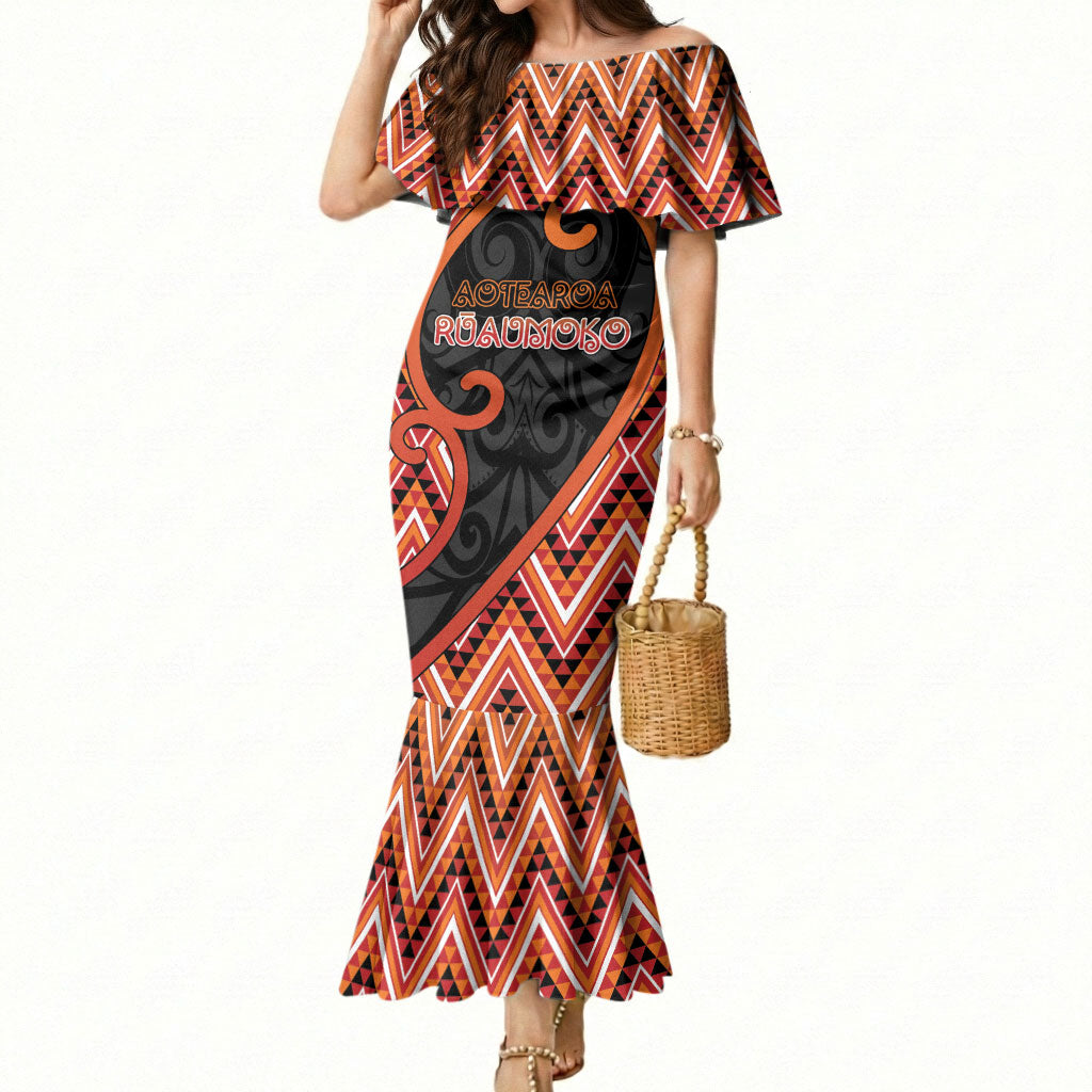 Custom Aotearoa Atua Ruaumoko Mermaid Dress God Of Volcanoes Koru Patterns