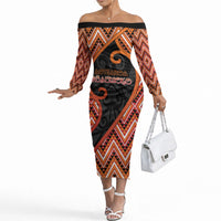 Custom Aotearoa Atua Ruaumoko Off The Shoulder Long Sleeve Dress God Of Volcanoes Koru Patterns
