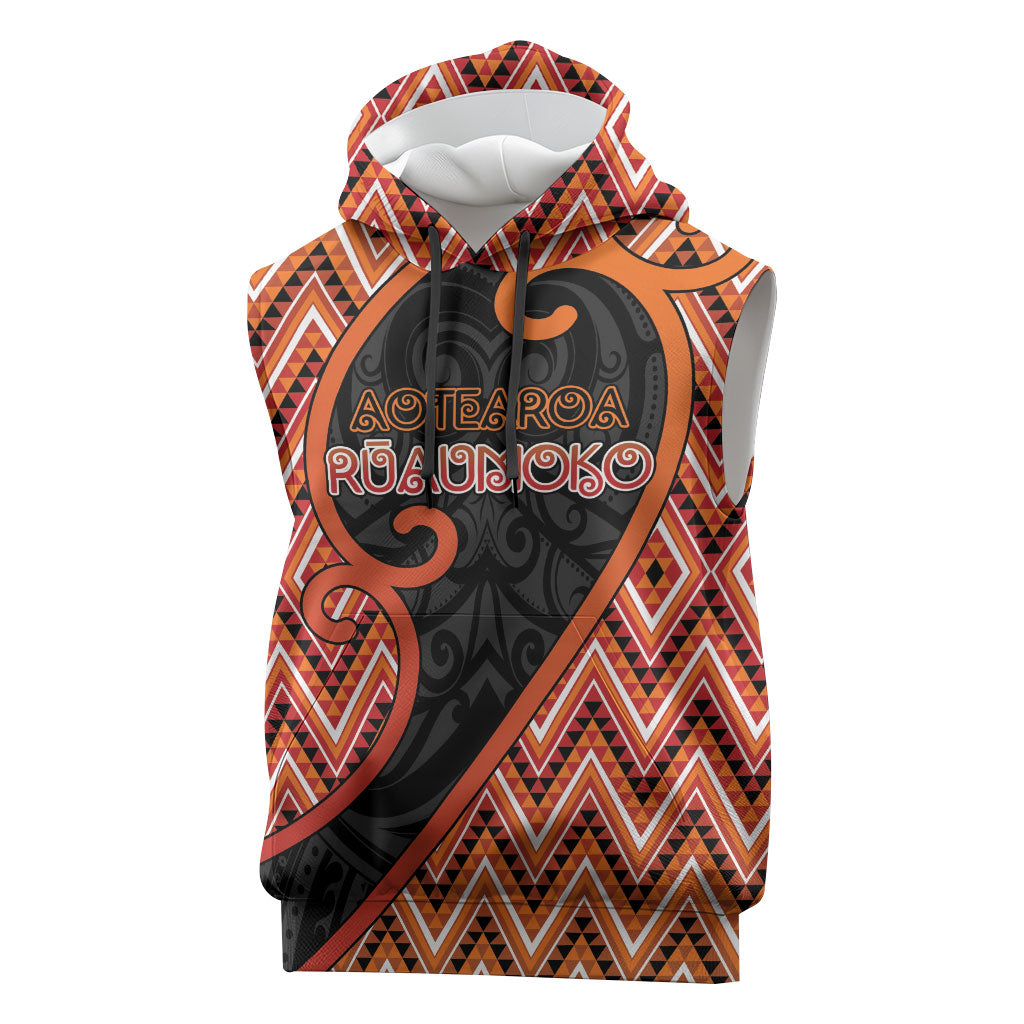 Custom Aotearoa Atua Ruaumoko Sleeveless Hoodie God Of Volcanoes Koru Patterns