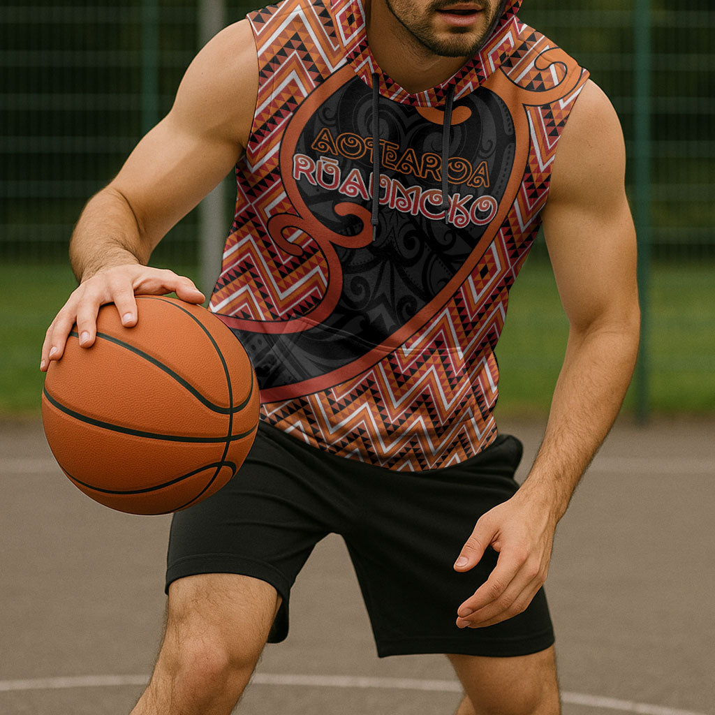 Custom Aotearoa Atua Ruaumoko Sleeveless Hoodie God Of Volcanoes Koru Patterns