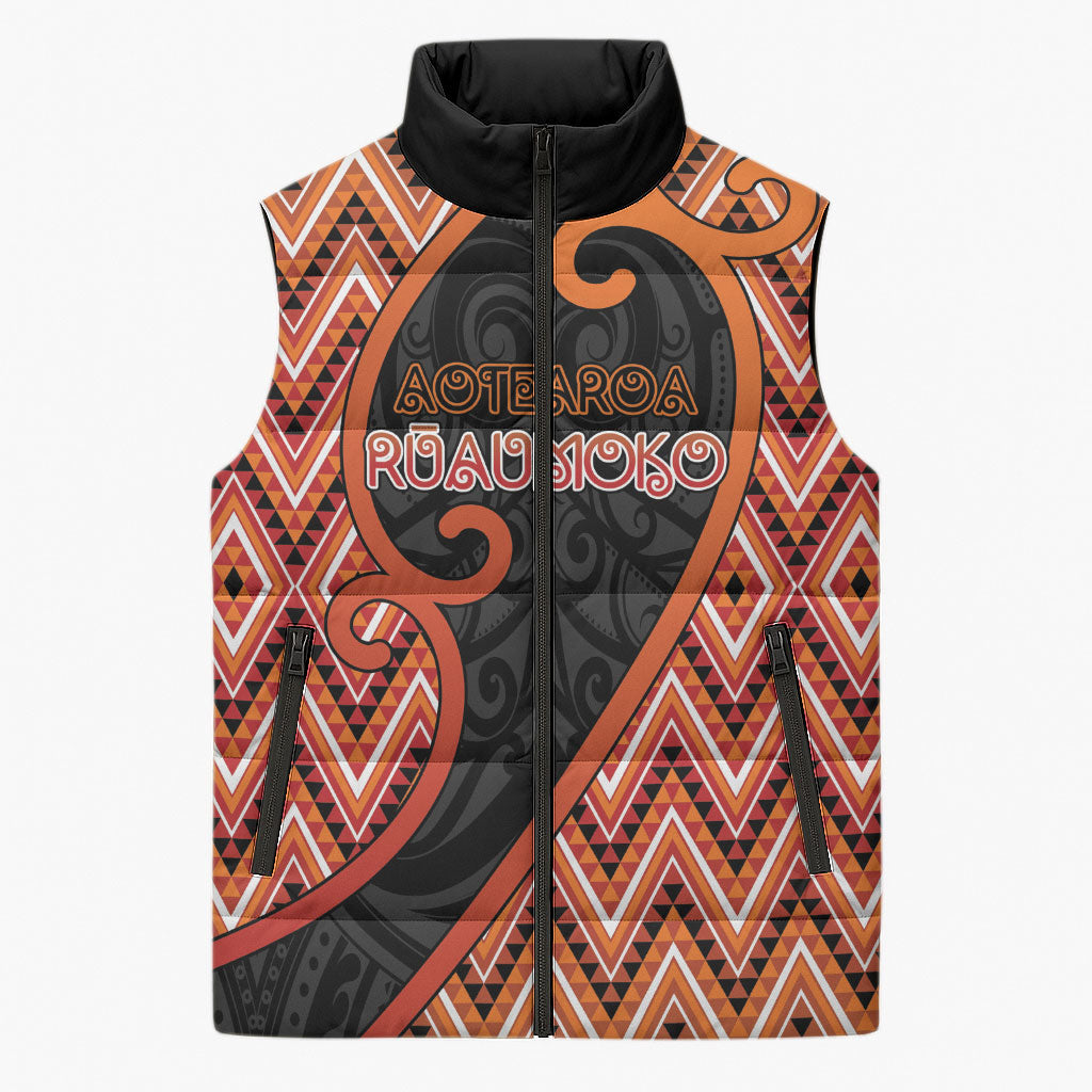 Custom Aotearoa Atua Ruaumoko Sleeveless Puffer Jacket God Of Volcanoes Koru Patterns