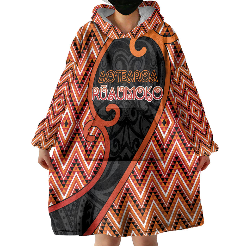 Custom Aotearoa Atua Ruaumoko Wearable Blanket Hoodie God Of Volcanoes Koru Patterns