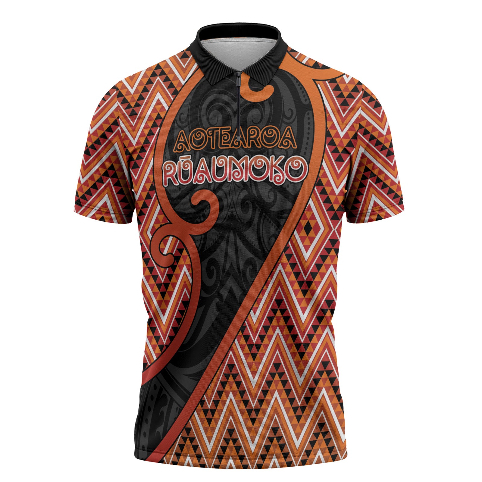 Custom Aotearoa Atua Ruaumoko Zipper Polo Shirt God Of Volcanoes Koru Patterns