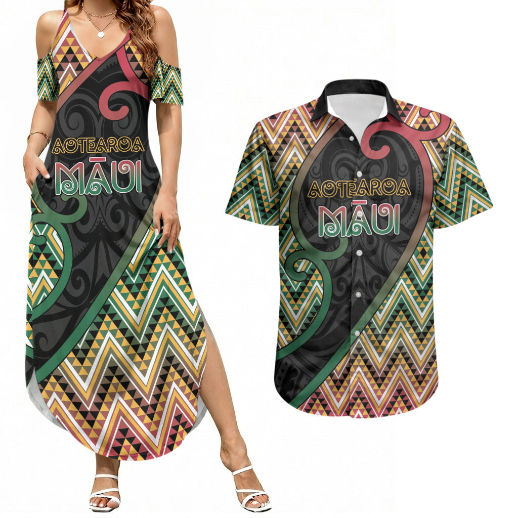 Custom Aotearoa Atua Maui Couples Matching Summer Maxi Dress and Hawaiian Shirt Demigod Hero And Trickster Koru Patterns