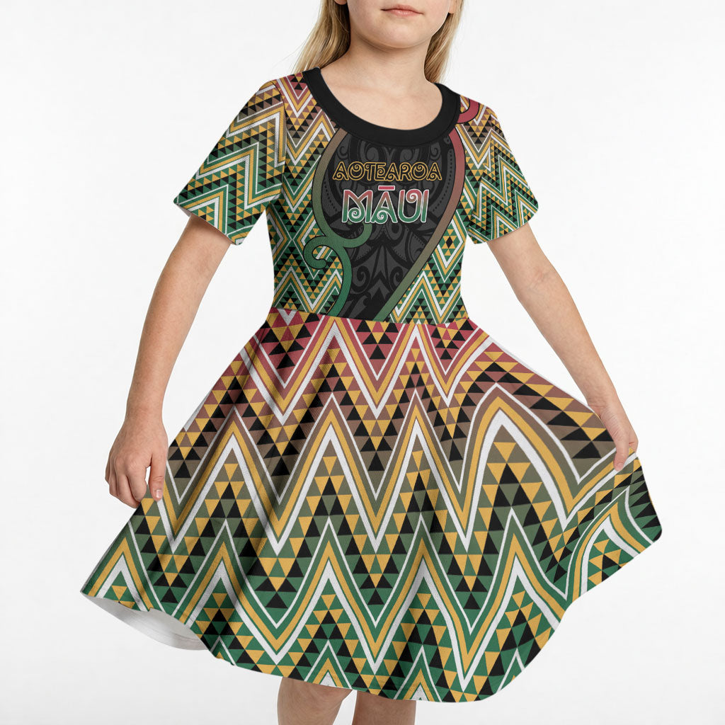 Custom Aotearoa Atua Maui Kid Short Sleeve Dress Demigod Hero And Trickster Koru Patterns