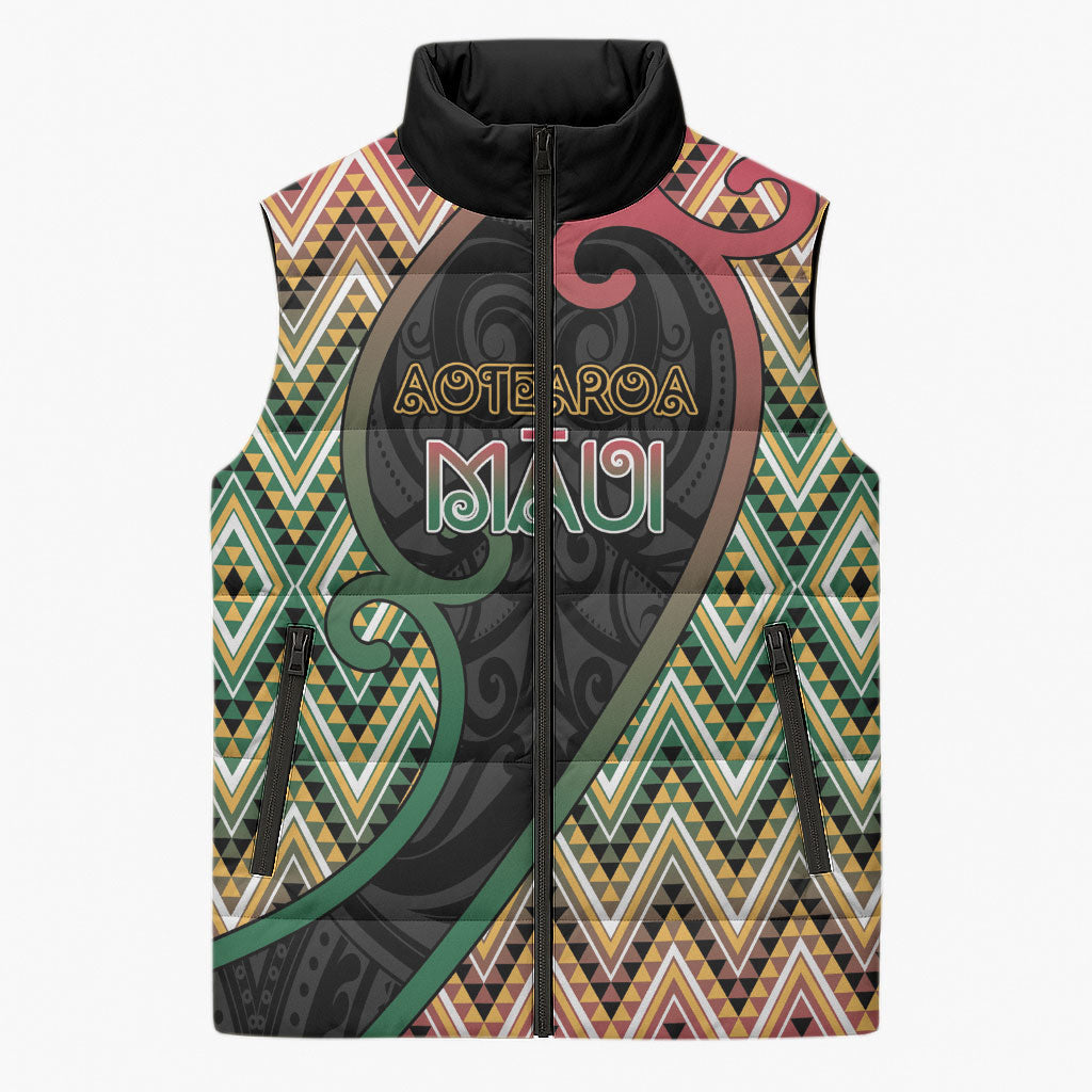 Custom Aotearoa Atua Maui Sleeveless Puffer Jacket Demigod Hero And Trickster Koru Patterns