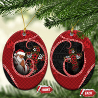 Tonga Kilisimasi Fiefia Ceramic Ornament Praying Santa Hibiscus Cross DT05 Oval Red - Polynesian Pride