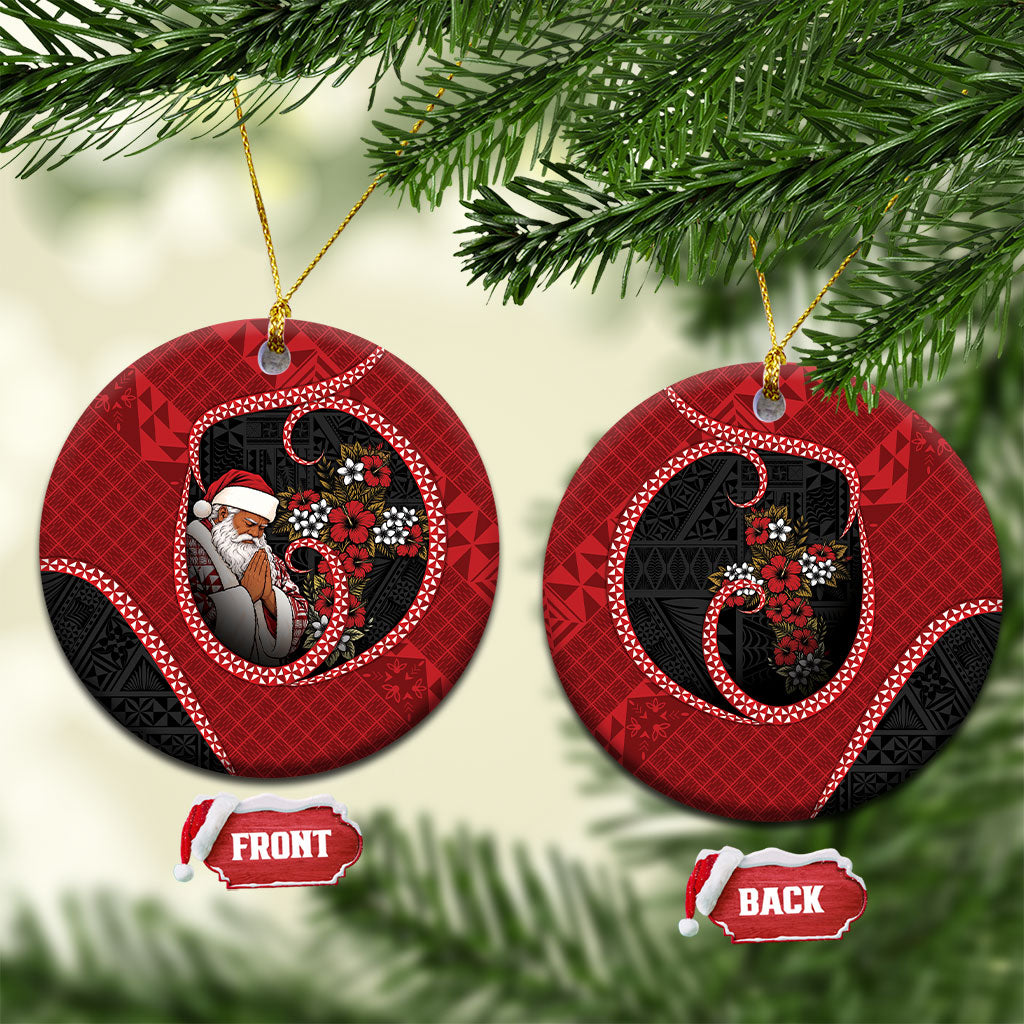 Tonga Kilisimasi Fiefia Ceramic Ornament Praying Santa Hibiscus Cross DT05 Circle Red - Polynesian Pride