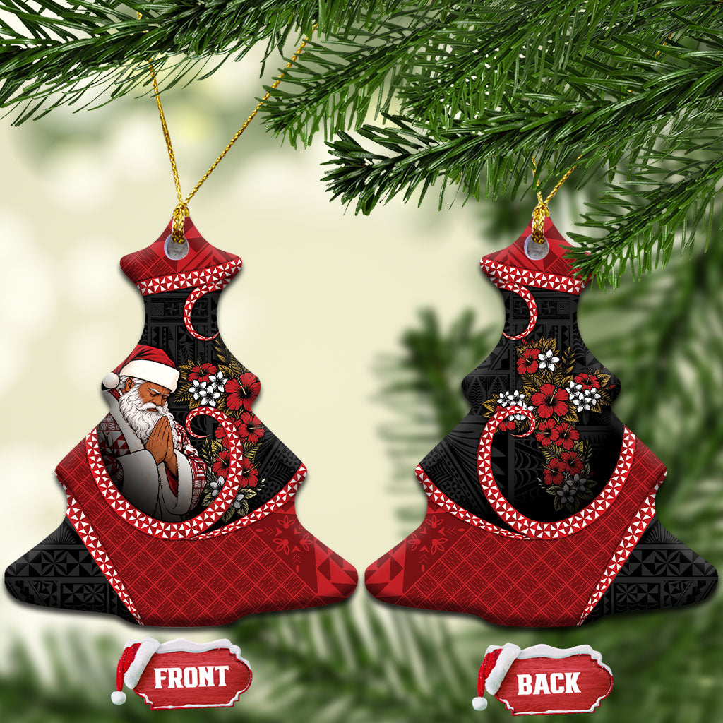 Tonga Kilisimasi Fiefia Ceramic Ornament Praying Santa Hibiscus Cross DT05 Christmas Tree Red - Polynesian Pride