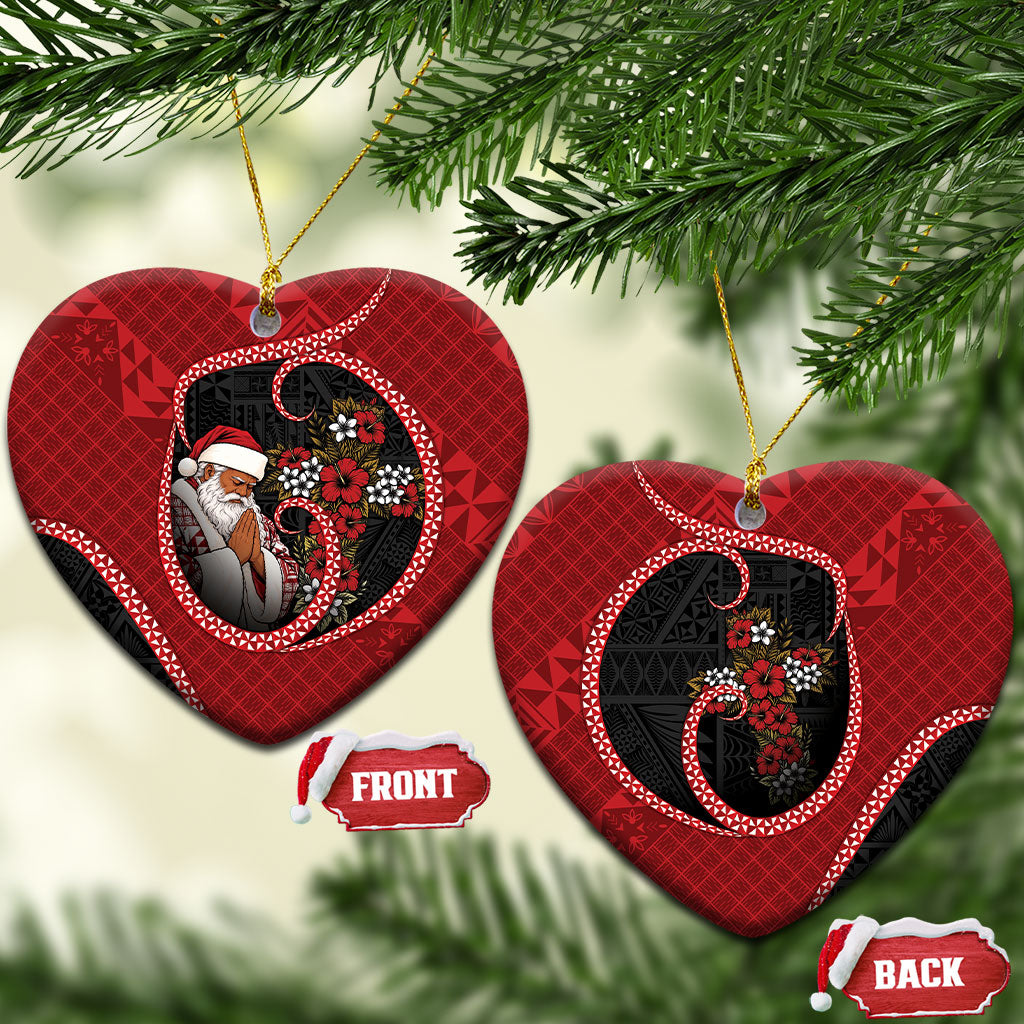 Tonga Kilisimasi Fiefia Ceramic Ornament Praying Santa Hibiscus Cross DT05 Heart Red - Polynesian Pride