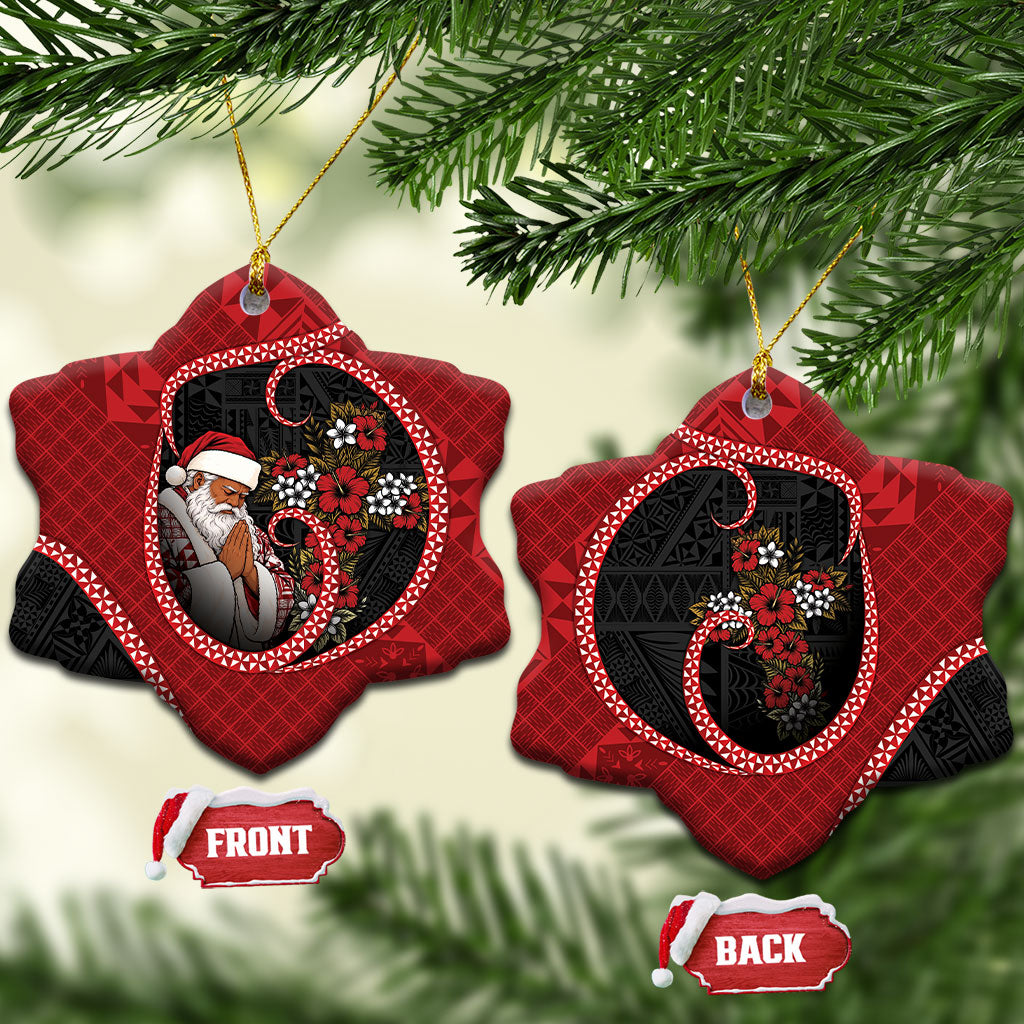 Tonga Kilisimasi Fiefia Ceramic Ornament Praying Santa Hibiscus Cross DT05 Snow Flake Red - Polynesian Pride