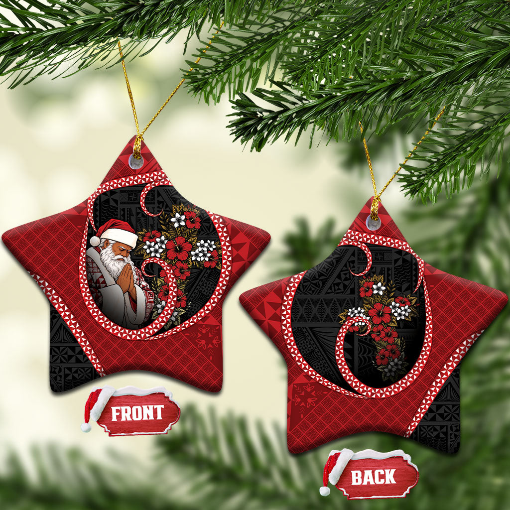 Tonga Kilisimasi Fiefia Ceramic Ornament Praying Santa Hibiscus Cross DT05 Star Red - Polynesian Pride