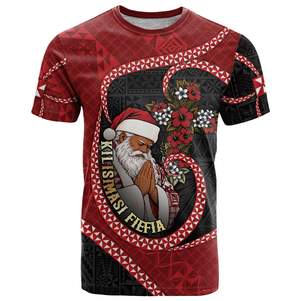 Personalised Tonga Kilisimasi Fiefia T Shirt Praying Santa Hibiscus Cross DT05 Red - Polynesian Pride