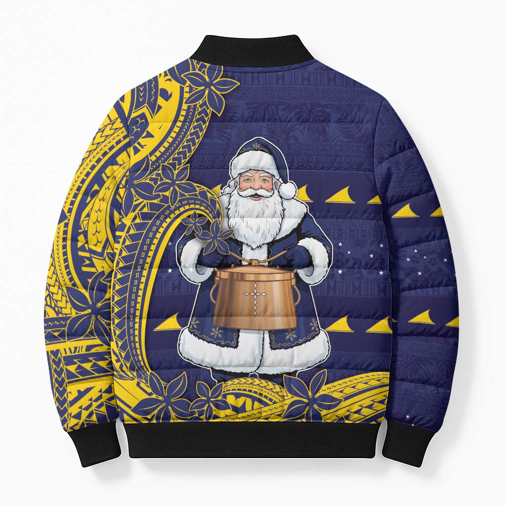 Tokelau Christmas Bomber Puffer Jacket Santa With Tuluma Xmas Tribal Waves - Polynesian Pride