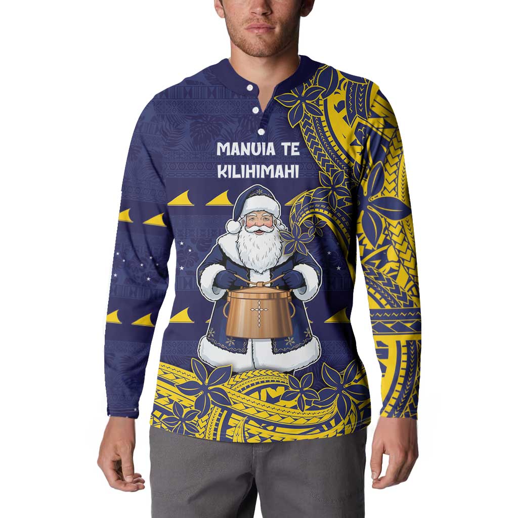 Tokelau Christmas Button Sweatshirt Santa With Tuluma Xmas Tribal Waves - Polynesian Pride