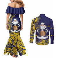 Tokelau Christmas Couples Matching Mermaid Dress and Long Sleeve Button Shirt Santa With Tuluma Xmas Tribal Waves - Polynesian Pride