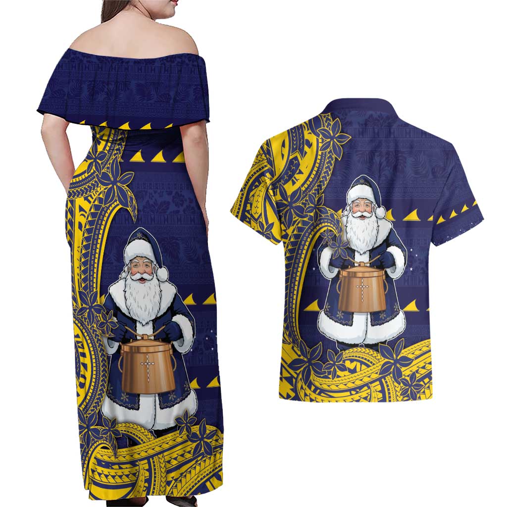 Tokelau Christmas Couples Matching Off Shoulder Maxi Dress and Hawaiian Shirt Santa With Tuluma Xmas Tribal Waves - Polynesian Pride