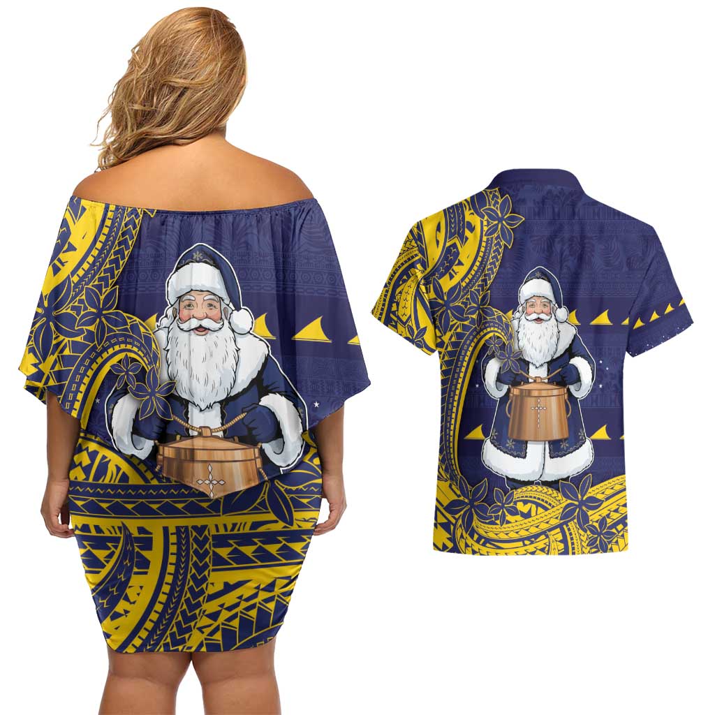 Tokelau Christmas Couples Matching Off Shoulder Short Dress and Hawaiian Shirt Santa With Tuluma Xmas Tribal Waves - Polynesian Pride