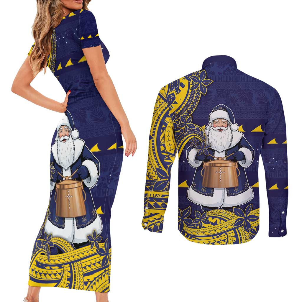 Tokelau Christmas Couples Matching Short Sleeve Bodycon Dress and Long Sleeve Button Shirt Santa With Tuluma Xmas Tribal Waves - Polynesian Pride