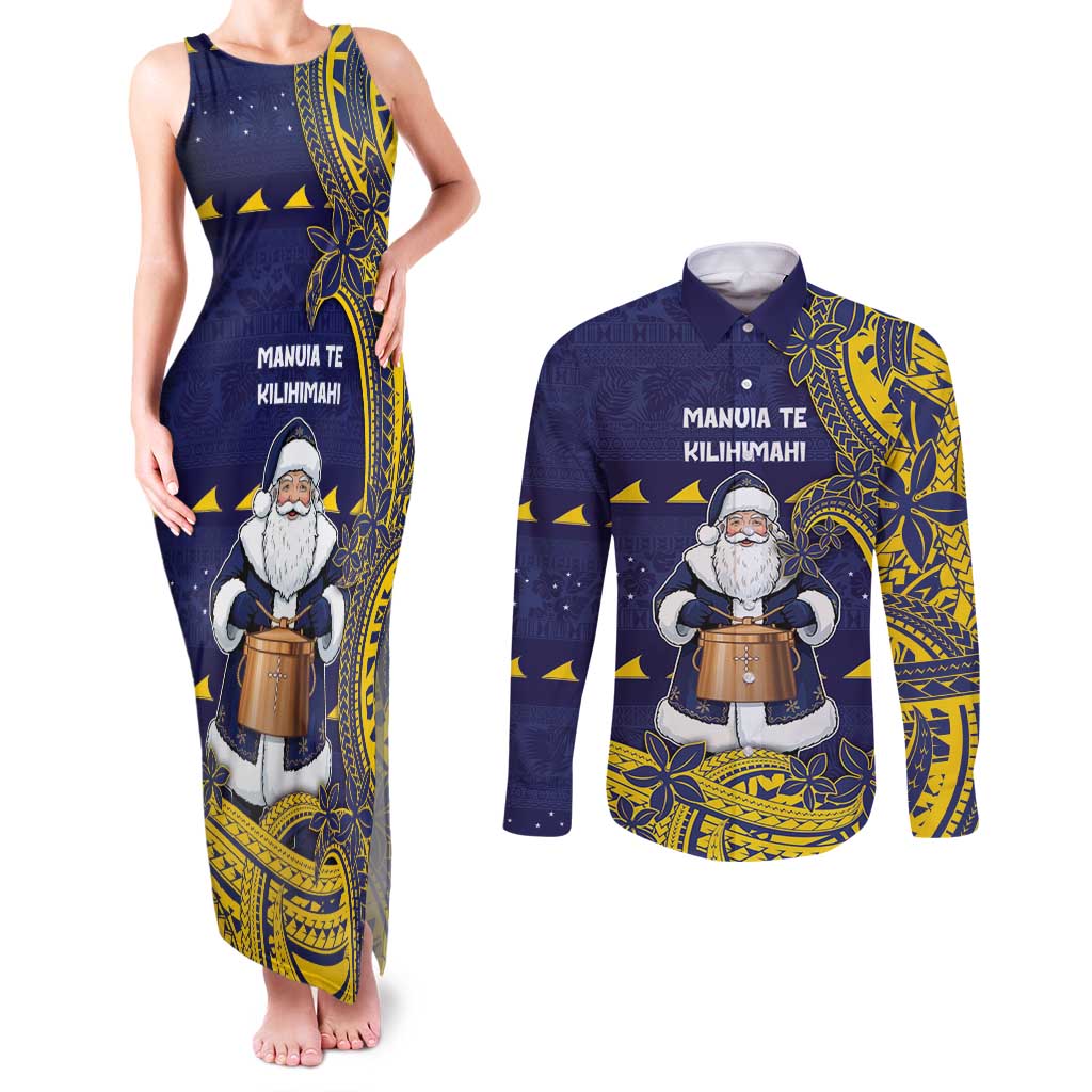 Tokelau Christmas Couples Matching Tank Maxi Dress and Long Sleeve Button Shirt Santa With Tuluma Xmas Tribal Waves - Polynesian Pride