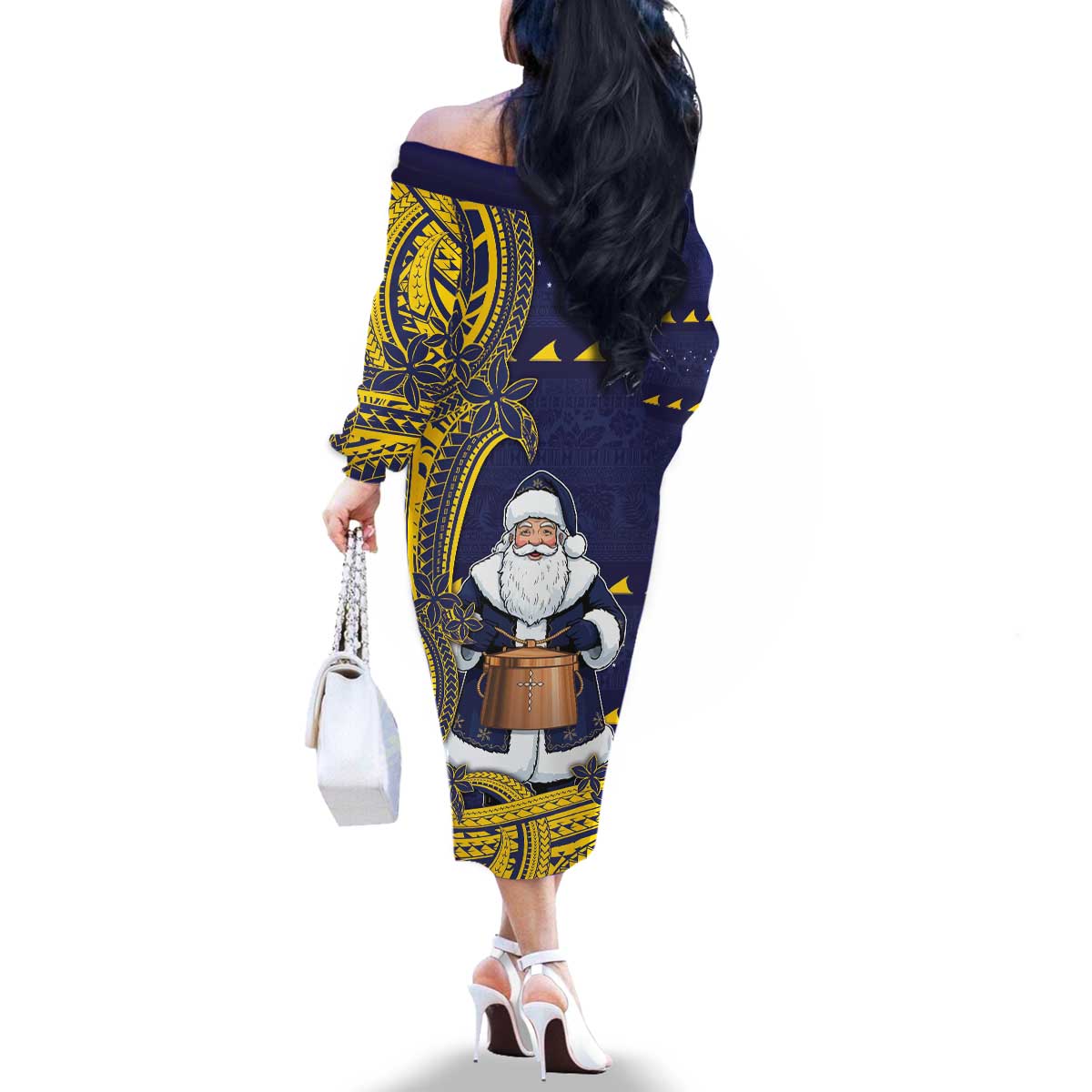Tokelau Christmas Family Matching Off The Shoulder Long Sleeve Dress and Hawaiian Shirt Santa With Tuluma Xmas Tribal Waves - Polynesian Pride