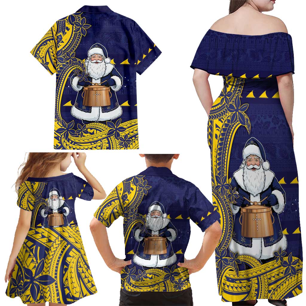 Tokelau Christmas Family Matching Off Shoulder Maxi Dress and Hawaiian Shirt Santa With Tuluma Xmas Tribal Waves - Polynesian Pride
