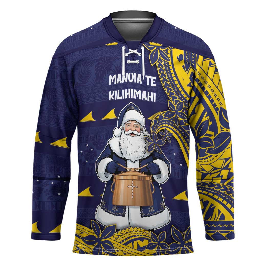 Tokelau Christmas Hockey Jersey Santa With Tuluma Xmas Tribal Waves - Polynesian Pride