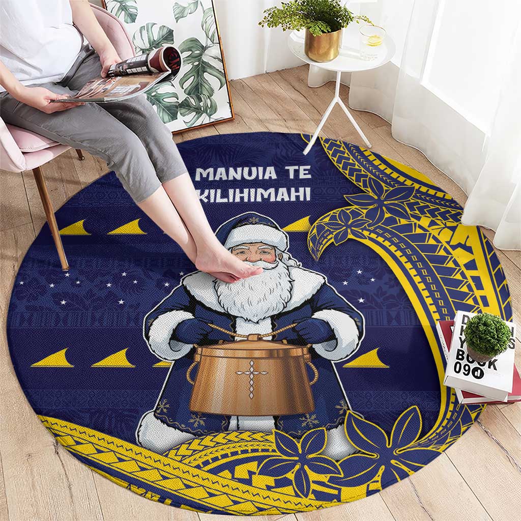 Tokelau Christmas Round Carpet Santa With Tuluma Xmas Tribal Waves - Polynesian Pride