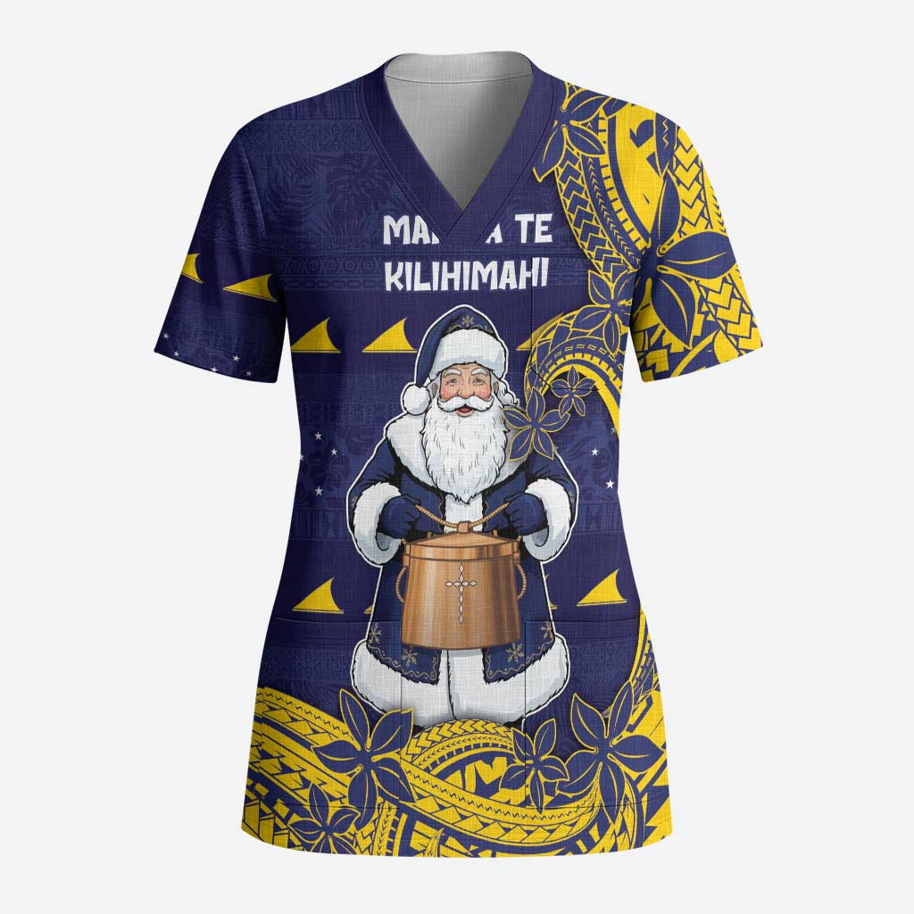 Tokelau Christmas Scrub Top Santa With Tuluma Xmas Tribal Waves - Polynesian Pride