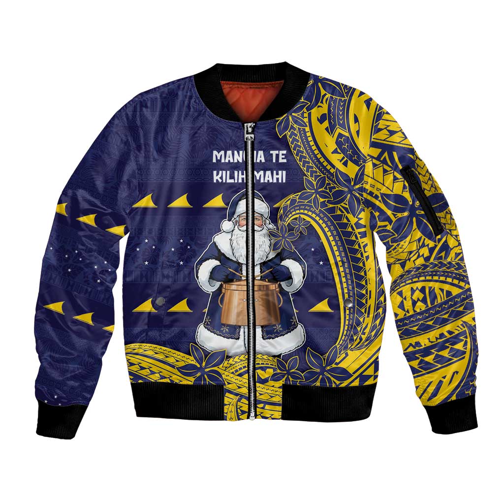 Tokelau Christmas Sleeve Zip Bomber Jacket Santa With Tuluma Xmas Tribal Waves - Polynesian Pride