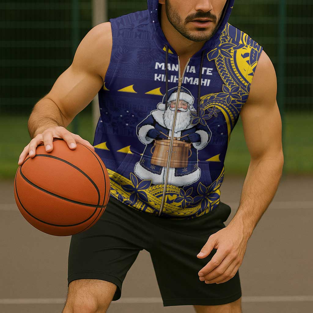 Tokelau Christmas Sleeveless Zip Hoodie Santa With Tuluma Xmas Tribal Waves - Polynesian Pride