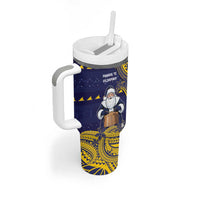 Tokelau Christmas Tumbler With Handle Santa With Tuluma Xmas Tribal Waves - Polynesian Pride