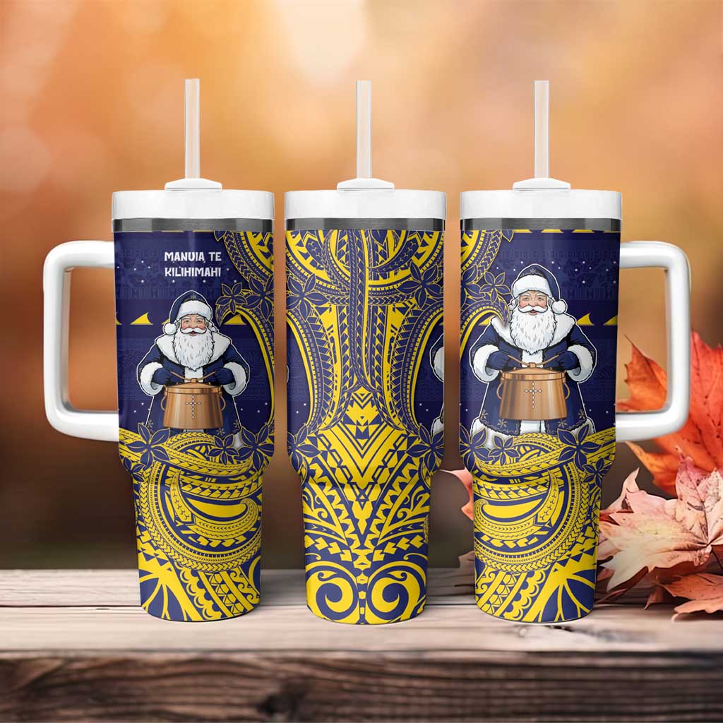 Tokelau Christmas Tumbler With Handle Santa With Tuluma Xmas Tribal Waves - Polynesian Pride