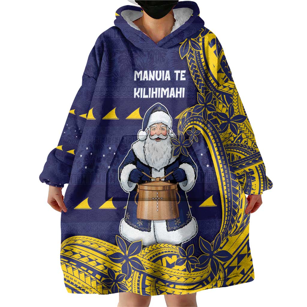 Tokelau Christmas Wearable Blanket Hoodie Santa With Tuluma Xmas Tribal Waves - Polynesian Pride