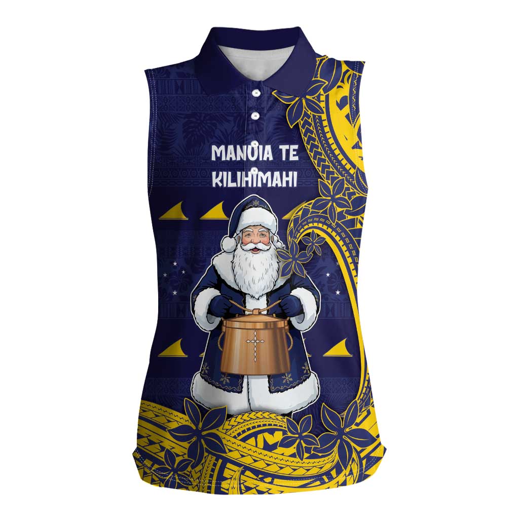 Tokelau Christmas Women Sleeveless Polo Shirt Santa With Tuluma Xmas Tribal Waves - Polynesian Pride