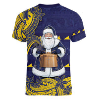 Tokelau Christmas Women V-Neck T-Shirt Santa With Tuluma Xmas Tribal Waves - Polynesian Pride