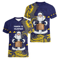 Tokelau Christmas Women V-Neck T-Shirt Santa With Tuluma Xmas Tribal Waves - Polynesian Pride