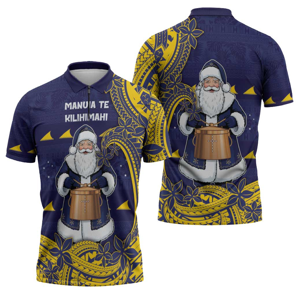 Tokelau Christmas Zipper Polo Shirt Santa With Tuluma Xmas Tribal Waves - Polynesian Pride