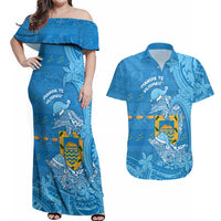 Tuvalu Christmas Couples Matching Off Shoulder Maxi Dress and Hawaiian Shirt Dolphins Santa Xmas Tribal Waves - Polynesian Pride