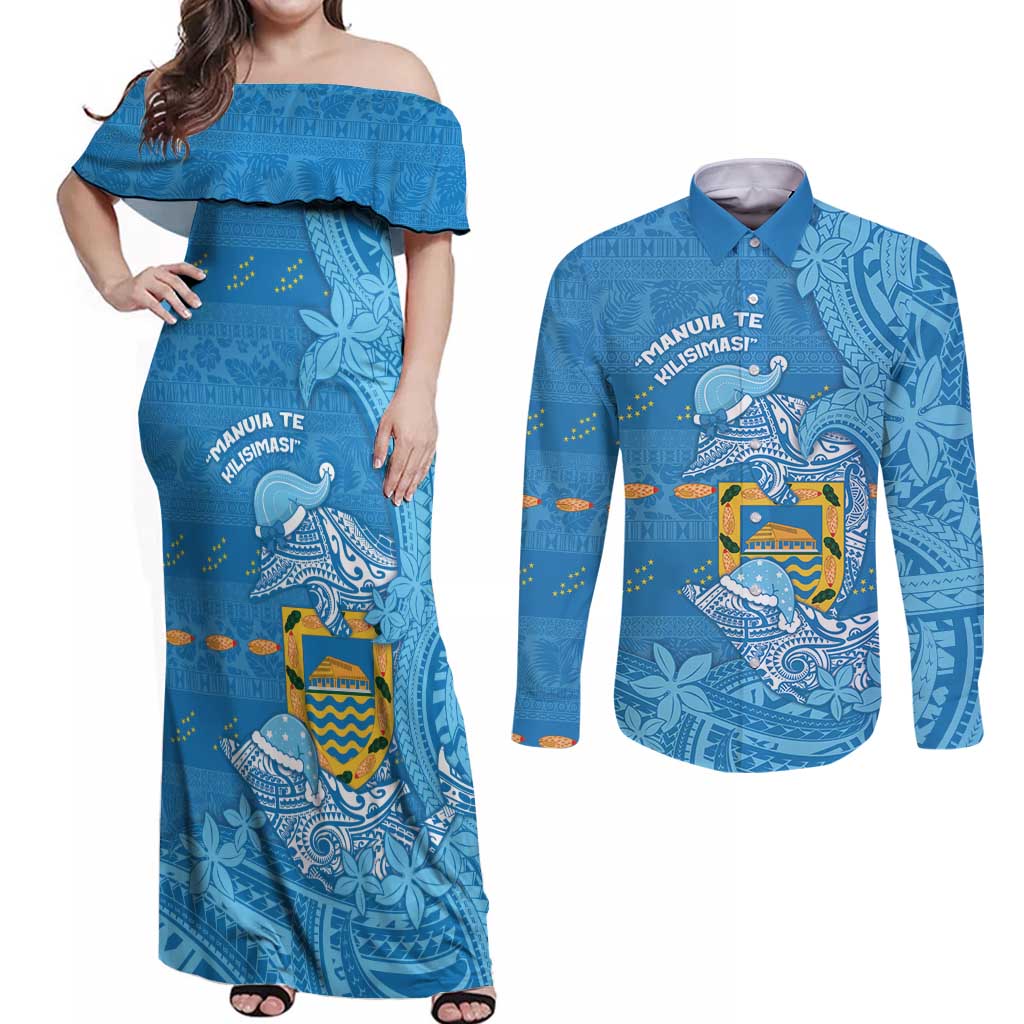 Tuvalu Christmas Couples Matching Off Shoulder Maxi Dress and Long Sleeve Button Shirt Dolphins Santa Xmas Tribal Waves - Polynesian Pride
