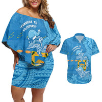 Tuvalu Christmas Couples Matching Off Shoulder Short Dress and Hawaiian Shirt Dolphins Santa Xmas Tribal Waves - Polynesian Pride