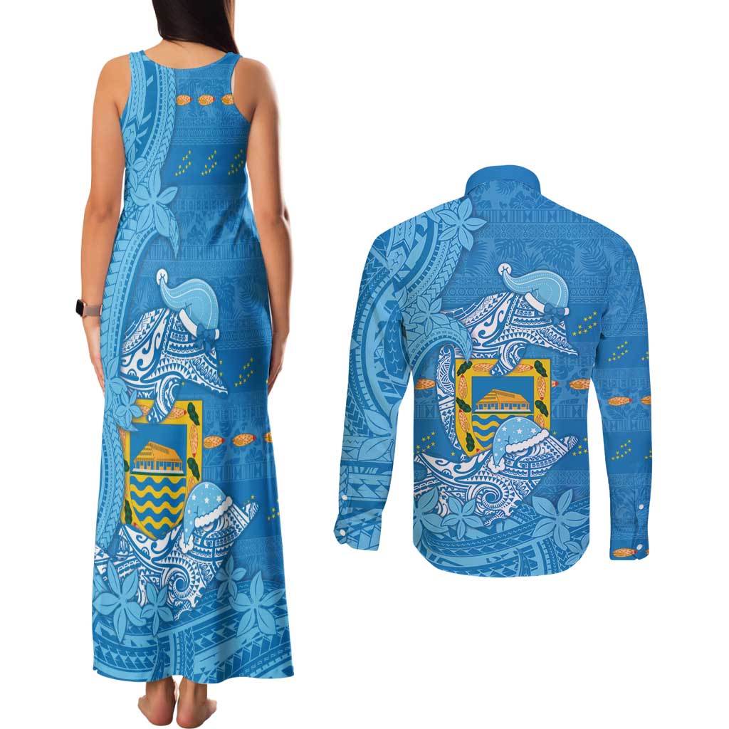 Tuvalu Christmas Couples Matching Tank Maxi Dress and Long Sleeve Button Shirt Dolphins Santa Xmas Tribal Waves - Polynesian Pride